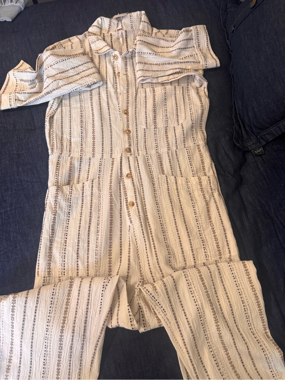 Free People Cream and Brown Striped Button-Front Jumpsuit
